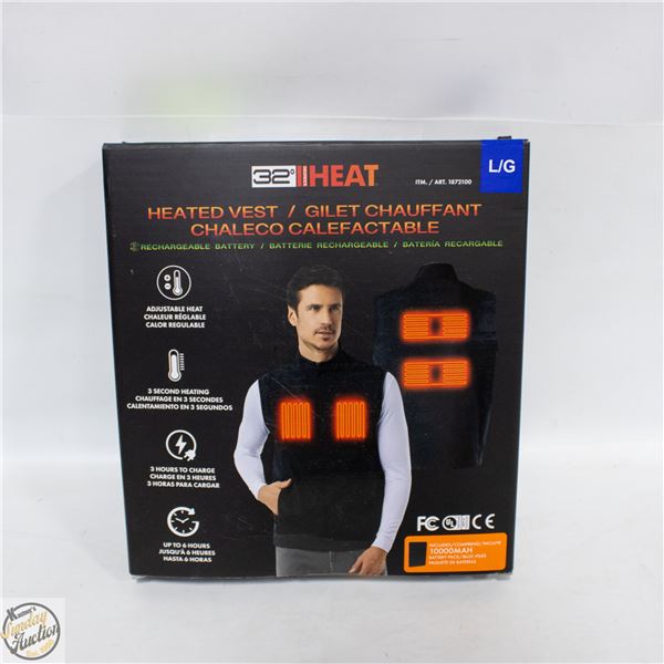 NEW 32 HEAT RECHARGEABLE HEATED VEST, SIZE LARGE