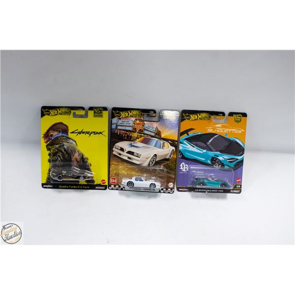 3 DIFFERENT HOTWHEELS PREMIUM ASSORTED COLLECABLES