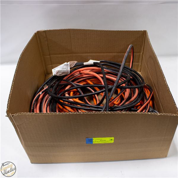 BOX OF BLACK/RED EXTENSION CORDS VARIOUS LENGTHS