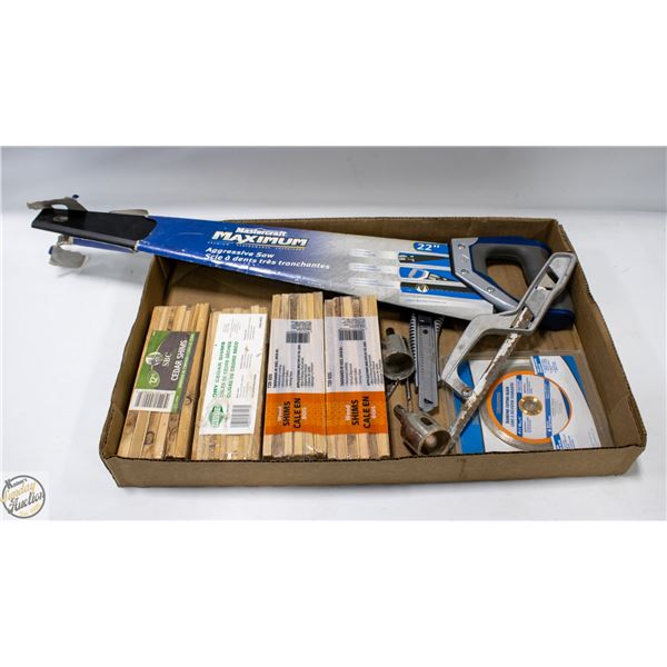 FLAT OF ESTATE TOOLS INCLUDING HAND SAWS,
