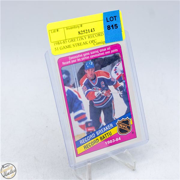 1984-85 GRETZKY RECORD BREAKER 51 GAME STREAK OPC