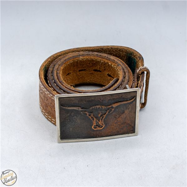 VINTAGE WESTERN COWBOY BELT & BUCKLE, SIZE 34