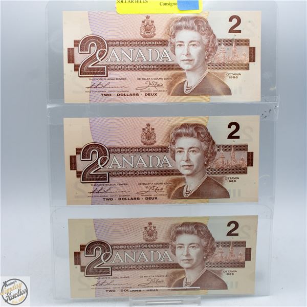 LOT OF 3 UNCIRCULATED TWO DOLLAR BILLS