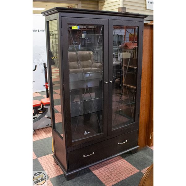 DARK WOOD + GLASS LIGHTED CURIO/DISPLAY CABINET