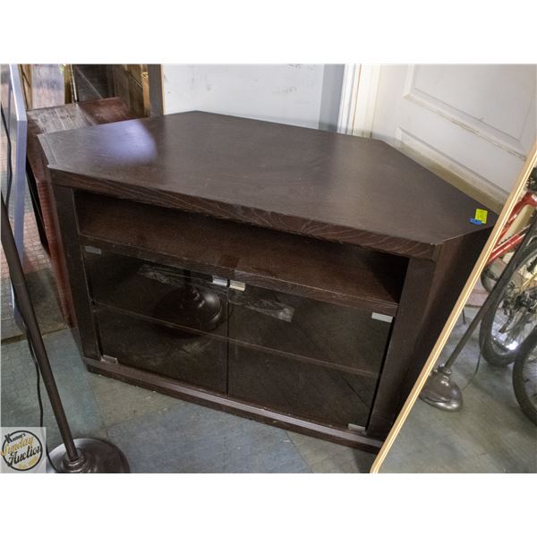 DARK WOOD MEDIA CONSOLE WITH GLASS CABINET
