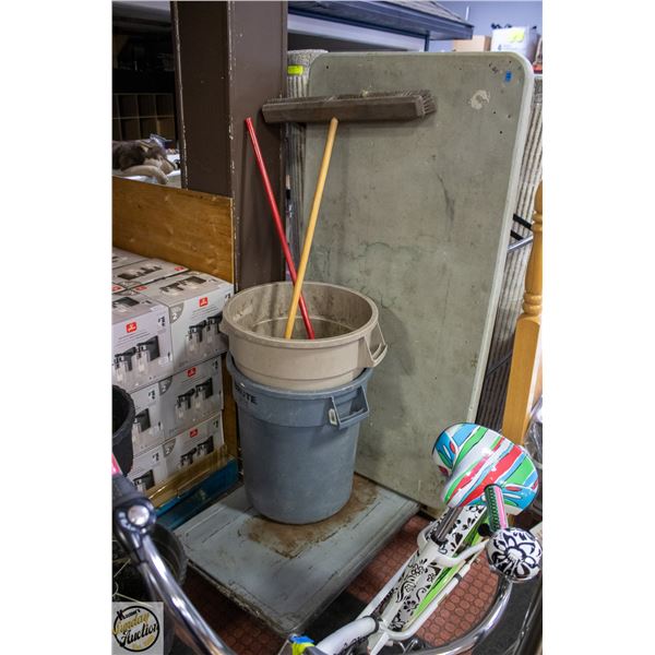 CART WITH FOLDING TABLE AND 2 TRASH CANS