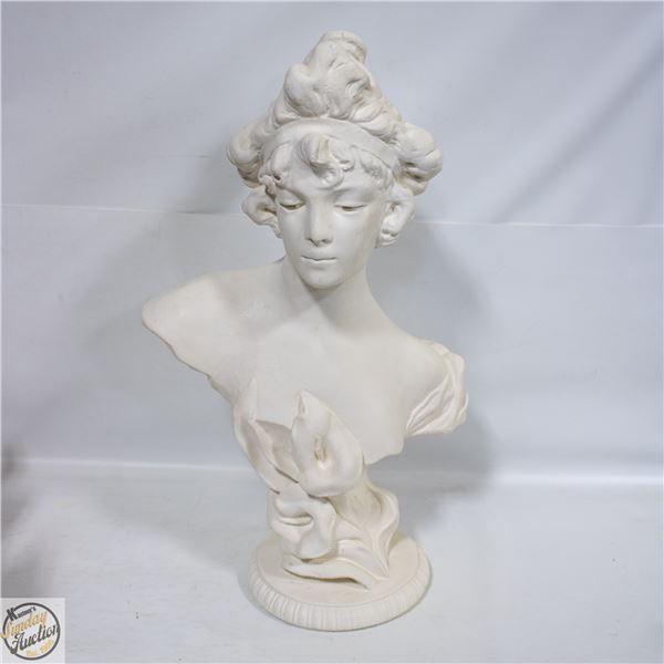 VINTAGE "FEMALE W/LILLIES" 18" BUST SCULPTURE