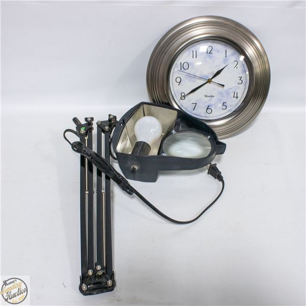 MAGNIFING DESK LAMP AND WALL CLOCK