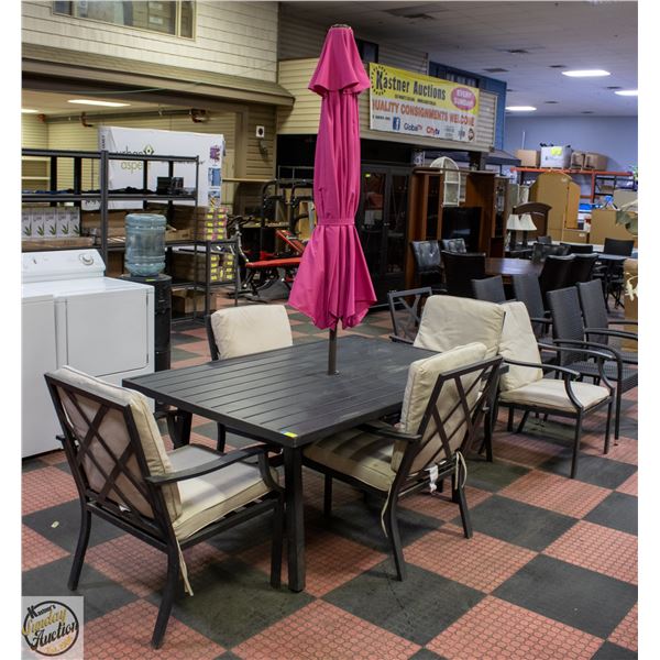 PATIO TABLE W/ 6 CHAIRS AND 5 CUSHIONS & UMBRELLA