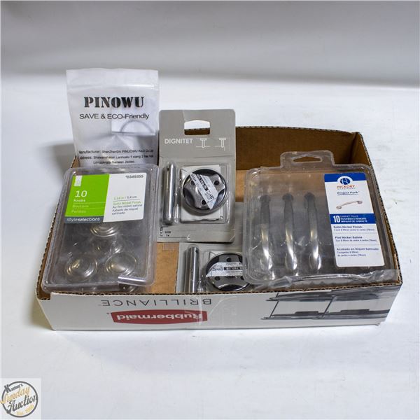 LOT OF NEW DOOR KNOBS AND OTHER CABINET FIXTURES