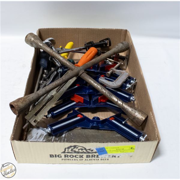 FLAT OF ASSORTED TOOLS/CLAMPS INCLUDES 1 TIRE IRON