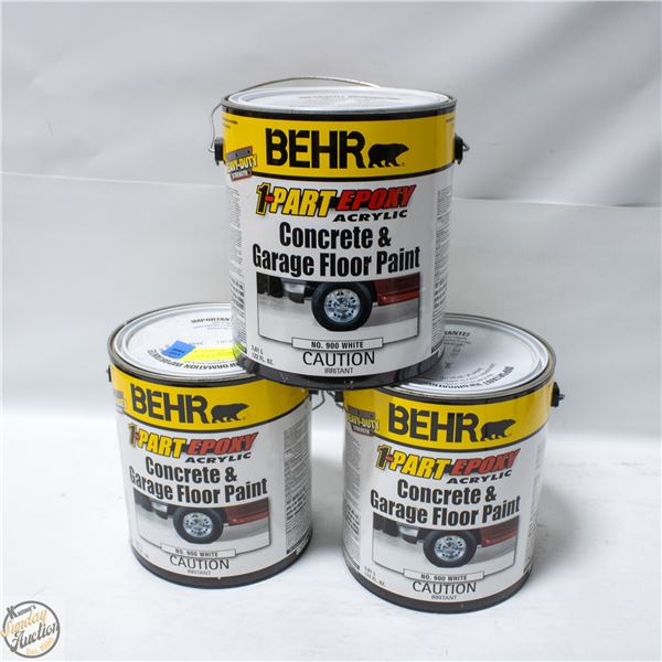 3 CANS OF BEHR EPOXY CONCRETE PAINT 3.6L EA