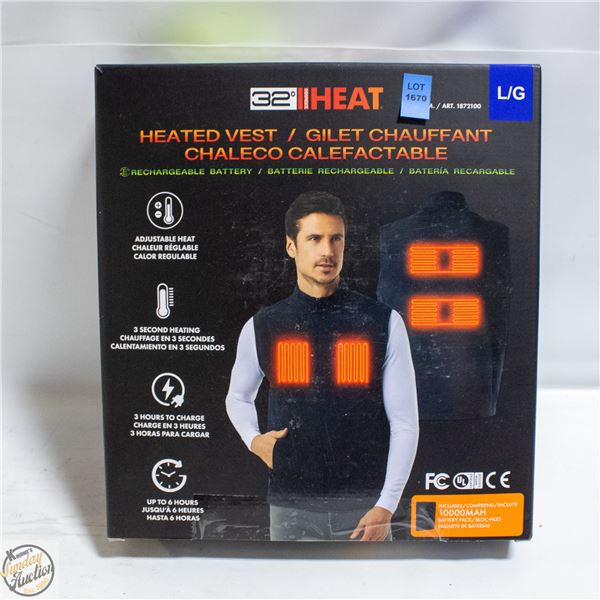 NEW 32 HEAT RECHARGEABLE HEATED VEST, SIZE LARGE