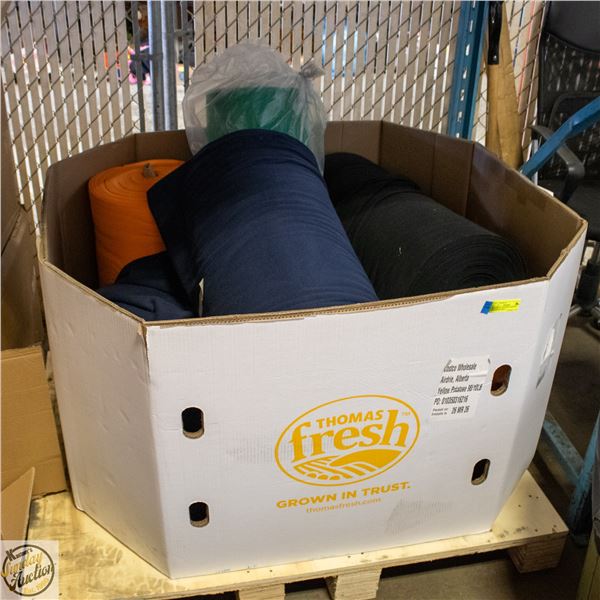 PALLET FILLED WITH VARIOUS ROLLS OF FABRIC