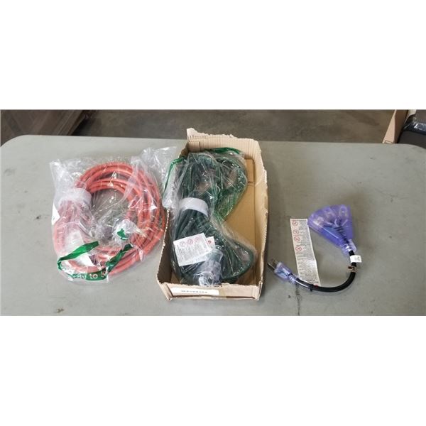 TWO APPROX 25 FEET HEAVY DUTY EXTENSION CORDS AND A 3 OUTLET EXTENSION CORD