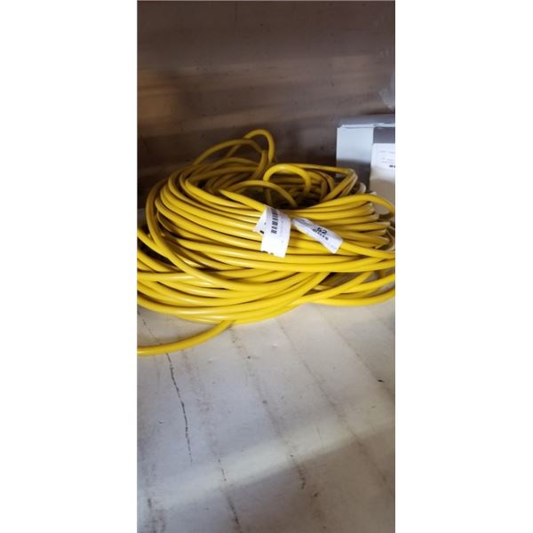 APPROX 200 FOOT YELLOW LIGHTED 3 OUTLET EXTENSION CORD.