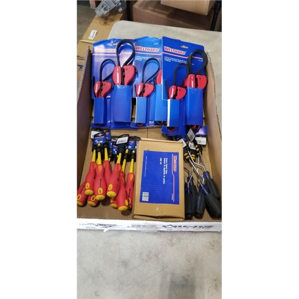 ASSORTED NEW WESTWARD TOOLS INCLUDING SCREWDRIVERS, STRAP WRENCHES AND MORE