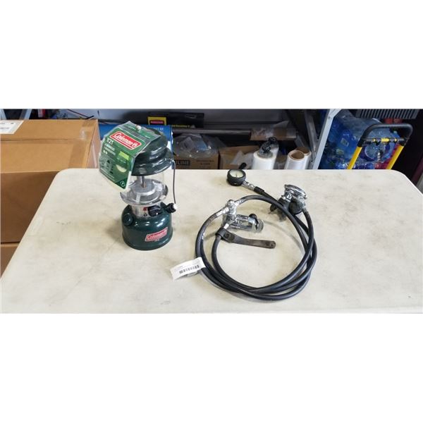 COLEMAN LANTERN MODEL 288 AND SCUBA DIVEING HOSE/ GUAGE