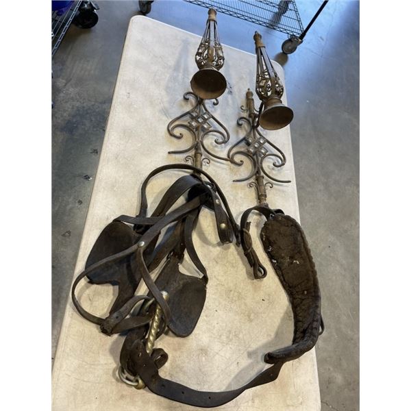 PAIR OF DECORATIVE WROUGHT IRON WALL SCONCES AND HORSE TACK