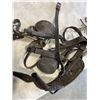 Image 4 : PAIR OF DECORATIVE WROUGHT IRON WALL SCONCES AND HORSE TACK