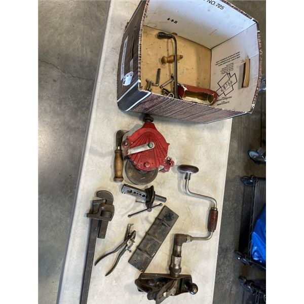 BOX OF TOOLS INCLUDING WRENCH, STANLEY BAILEY SMOOTHING PLANE ETC