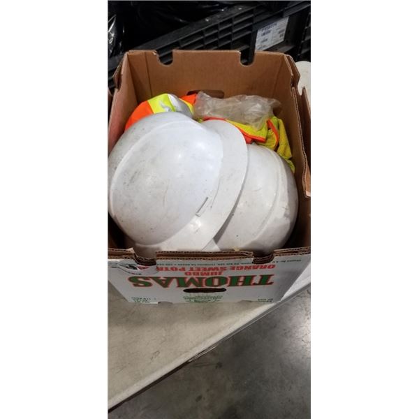 BOX OF HARD HATS AND SAFETY VESTS
