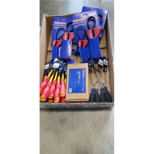 ASSORTED NEW WESTWARD TOOLS INCLUDING SCREWDRIVERS, STRAP WRENCHES AND MORE