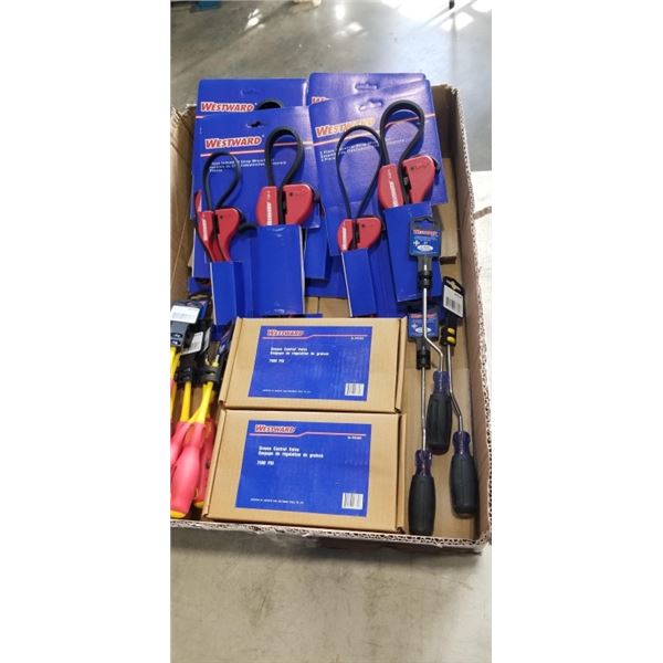 ASSORTED NEW WESTWARD TOOLS INCLUDING SCREWDRIVERS, STRAP WRENCHES AND MORE