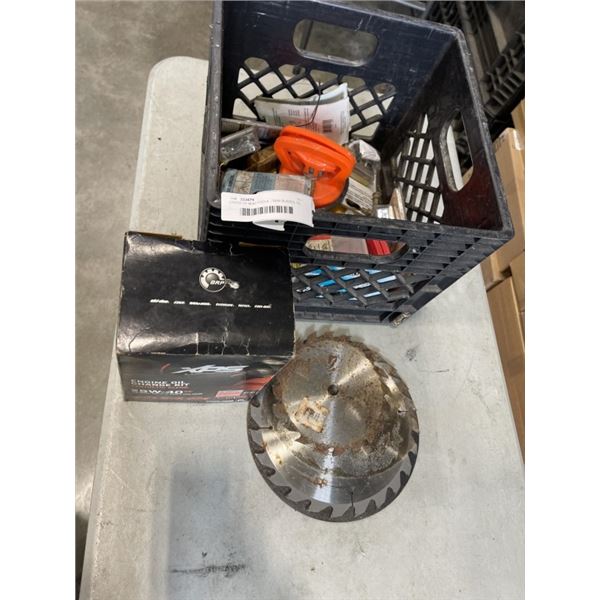 CRATE OF MISC TOOLS  - SAW BLADES, OIL CHANGE KIT, ETC