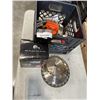 Image 1 : CRATE OF MISC TOOLS  - SAW BLADES, OIL CHANGE KIT, ETC