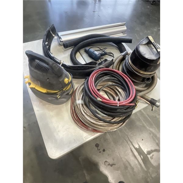 ASSORTED SHOP VACS, AIR HOSE, ADVERTISING STAND ETC