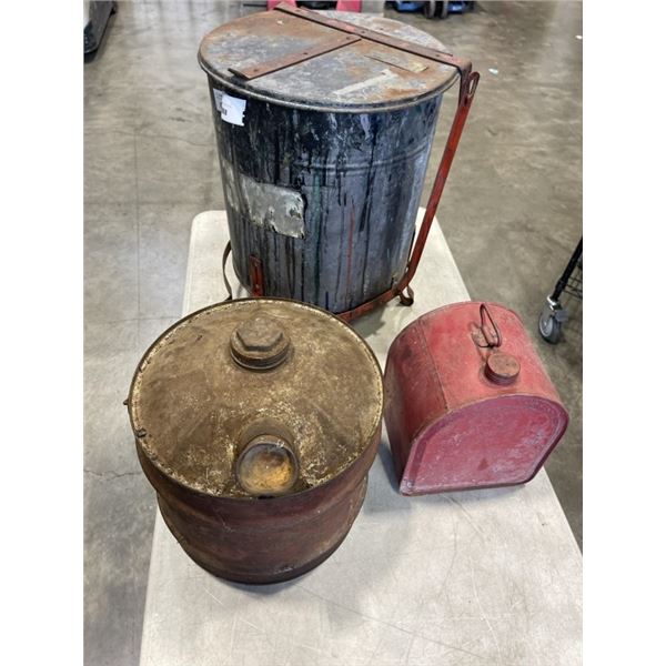 VINTAGE OILY WASTE CAN AND 2 VINTAGE METAL GAS CANS