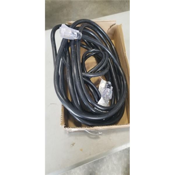 APPROX 25 FEET HEAVY DUTY BLACK LIGHTED EXTENSION CORD, 10AWG/3C, AND A 3 OUTLET EXTENSION CORD. 12A