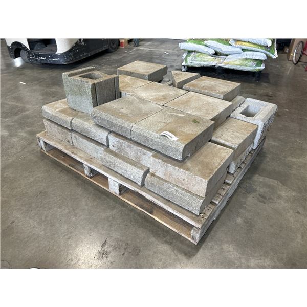 PALLET OF ALLAN BLOCK CORNERS AND CAPS, ONE HALF BRICK, ALL GOOD NO CHIPS