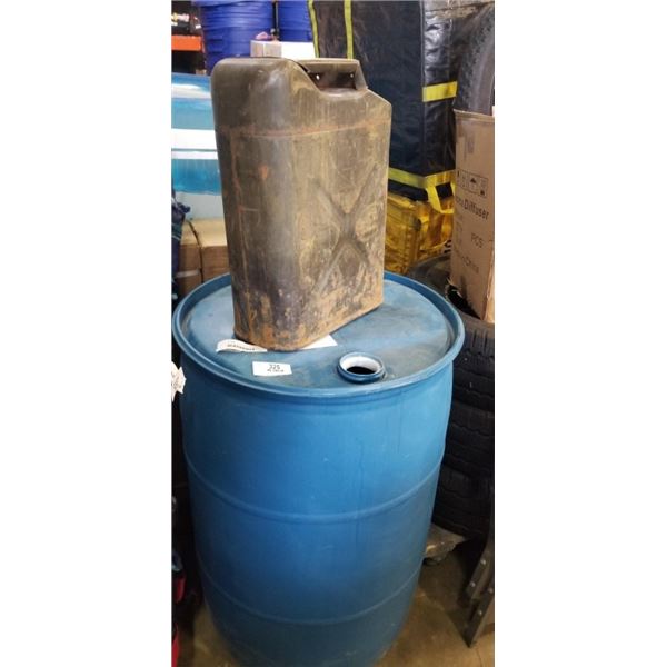 VINTAGE METAL GAS CAN AND BLUE PLASTIC  BARRELL
