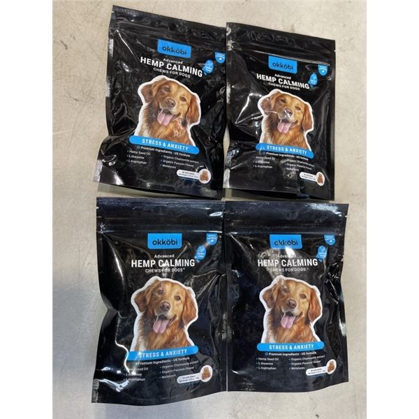 4 OKKOBI HEMP CALMING CHEW PACKS FOR DOGS. 60 SOFT CHEWS PER PACK