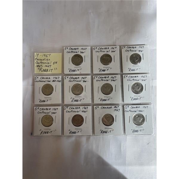 11 - 1967 CANADIAN CENTENNIAL 5 CENTS, 1867-1967 RABBIT NICKELS