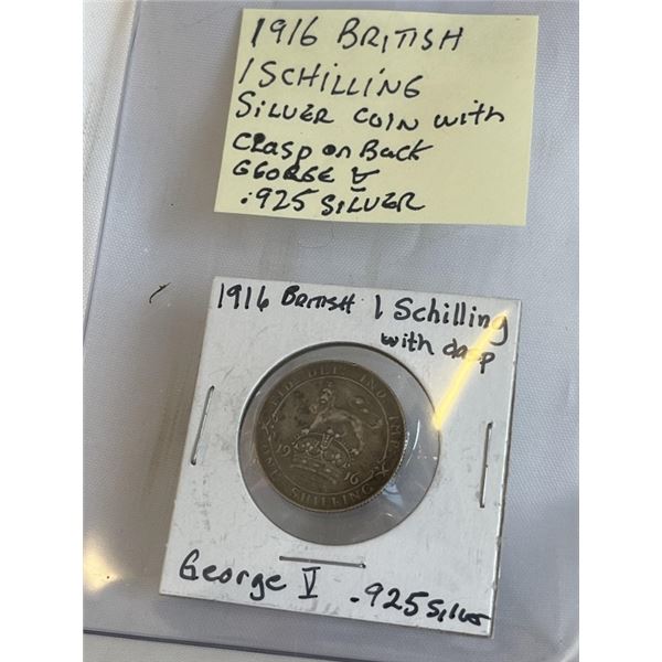 1916 BRITISH ONE SHILLING COIN WITH CLASP ON BACK GEROGE V .925 SILVER