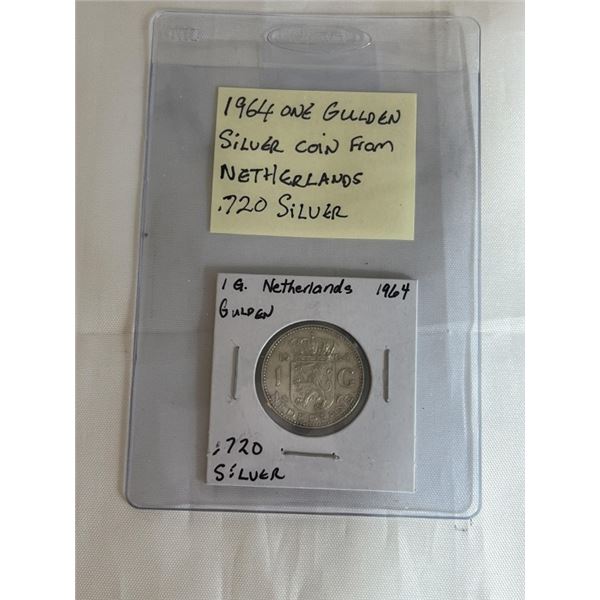 1964 ONE GULDEN SILVER COIN FROM NETHERLANDS, .720 SILVER