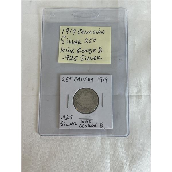 1919 CANADIAN SILVER 25 CENT .925 SILVER