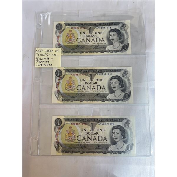 3 1973 LAST YEAR OF THE CANADIAN $1 BILL IN SEQUENCE, 918-920