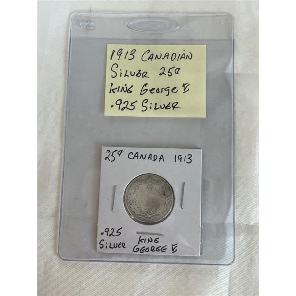 1913 CANADIAN SILVER 25 CENT .925 SILVER