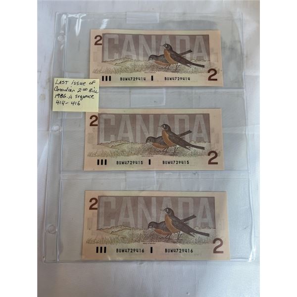 3 1986 LAST YEAR OF THE CANADIAN $2 BILL IN SEQUENCE, 414-416