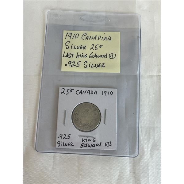 1910 CANADIAN SILVER 25 CENT .925 SILVER