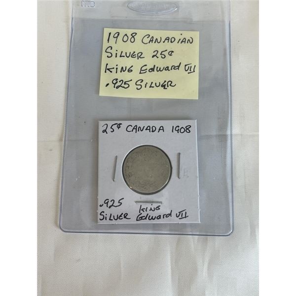 1908 CANADIAN SILVER 25 CENT .925 SILVER