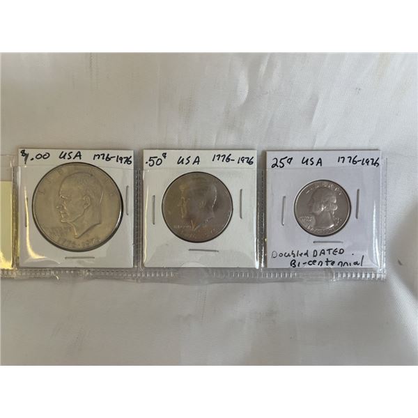 3 1776-1976 DOUBLE DATED USA BI-CENTENNIAL COINS $1, 50 CENT AND 25 CENT
