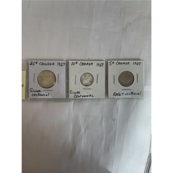 3 1967 CANADIAN CENTENNIAL COINS, 25 CENT, 10 CENT BOTH SILVER PLUS 5 CENT RABBIT