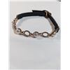 Image 2 : GOLD PLATED W/ PEARLS DESIGNER BRACELET, BLACK LEATHER W/ BUCKLE, MARKED WD 051