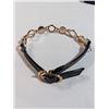 Image 3 : GOLD PLATED W/ PEARLS DESIGNER BRACELET, BLACK LEATHER W/ BUCKLE, MARKED WD 051