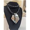 Image 1 : HAND HAMMERED SILVER PENDANT, MARKED HAND WRITING LIVING STONE W/ BLACK CORD NECKLACE